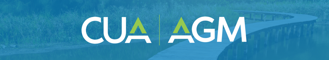 A blue background with a faded image of a path with the CUA AGM logo