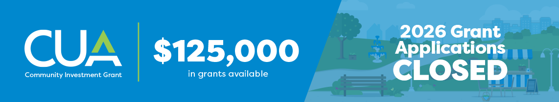 A blue banner with CUA logo and white text that says $125,000 in grants available to the right is text reading 2026 Grant Applications Closed